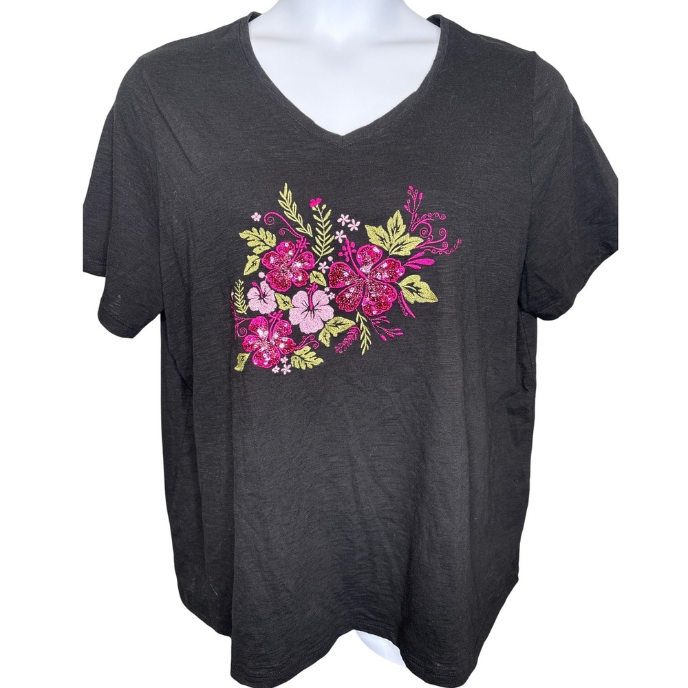 Catherines Womens Black Floral Embroidered‎ Sequin T-Shirt Sz 1XWP Cruise Wear